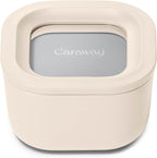 Caraway Mini Square Food Storage Container - 1.75 Cup Glass Storage Container for Food - Non-Toxic Ceramic-Coated Glass - Air Release Technology - Compact & Stackable Design - Cream
