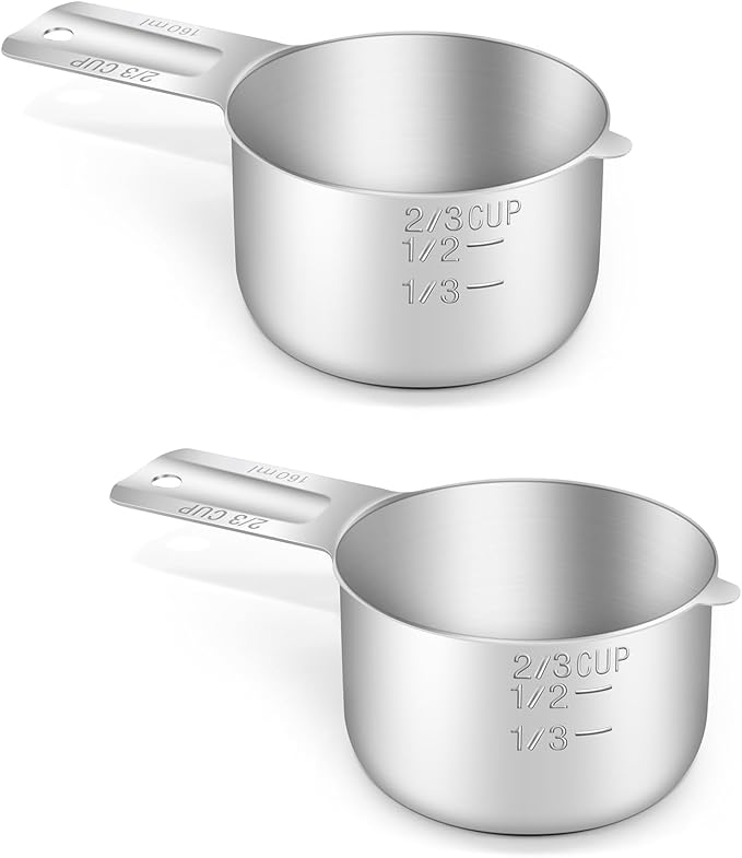2PCS 2/3Cup (160ml, 5.3oz) Single Measuring Cup, Stainless Steel Measure Scoop, Metric and US Measurement, Dishwasher Safe
