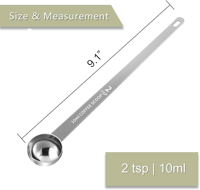 1PCS 2 Teaspoon Coffee Scoop, 9.1" Long Handle Measuring Spoon, 2tsp (10 ml) Stainless Steel Scooper