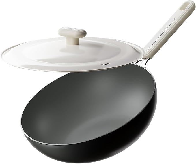 Carbon Steel Wok Pan - 11.8 Inch Pre-Seasoned Flat Bottom Chinese Woks & Stir Fry Pans with Lid, Lightweight Kitchen Cookware for All Stovetops, Gas, Electric, Gift Set for Women/Mom