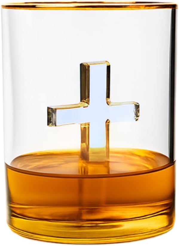 Crucifix Whiskey Glass – Premium Christian Cross Religious Glass, Old Fashioned Glass, Liquor – Luxurious Gold Rim – Home Bar Accessories Ideal for Man Cave, Fun Gift, Christian Gift, Religious Gift