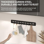 Adjustable Wall Mount Utensil Rack, Black Metal,8 Movable Hooks, 17.32x1.85 Inch, for Kitchen, Bathroom Storage