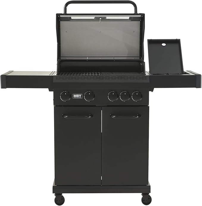 4 Burner Gas Grill Cast Iron Griddle Grill Combo, BBQ Propane Grills with Side Burner 50000BTU Heavy Duty Barbucue Grill With Cover, Black