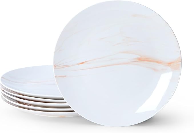 bestone Dinner Plates, 10.5 Inch Plates Set of 6, Porcelain Round Dessert Salad Dinner Plates, Serving Dishes for Kitchen, Dishwasher, Microwave, Freezer, Oven Safe, Marble Orange
