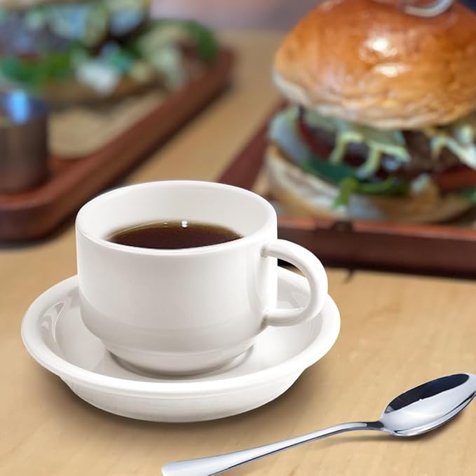 homEdge Premium Espresso Shot Cups and Saucers Set with Espresso Stainless Steel Spoons - 2.5 oz, Set of 4, White