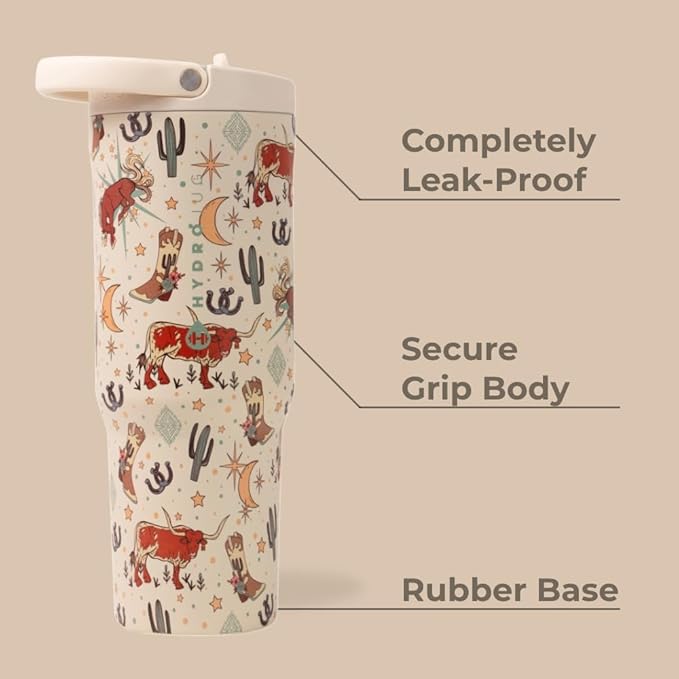 HydroJug Sport - Stainless Steel Tumbler with Straw, Vacuum Insulated, 40oz Leakproof Water Bottle, Ergonomic Design, Reusable, Dishwasher Safe, Rubber Base, Durable for Gym or Outdoors, Rodeo
