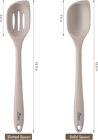 HOTEC Heat Resistant Silicone Cooking Spoon Spatula, Large Kitchen Solid and Slotted Spoons for Mixing, Serving, Scraping, Non-stick, Dishwasher Safe Khaki 12.5inch