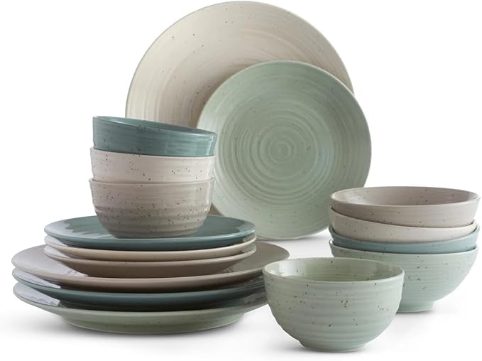 Sango Siterra Artist's Blend 16-Piece Stoneware Dinnerware Set for 4, Green, Cream & White Glossy Dishes with Speckles, Ceramic Plates and Bowls Sets for Everyday Dining, Microwave & Dishwasher Safe