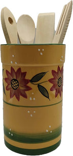 ACK Country Sunflower Hand Painted Ceramic Utensil Jar With Wooden Tool, Utensil Holder, Utensil Crock, Modern Kitchen Decor, Kitchen Storage for for Spoon, Ladle, Spatula and More