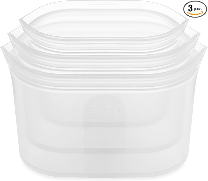 Zip Top Reusable Food Storage Bags | 3 Dish Set [Frost] | Silicone Meal Prep Container | Microwave, Dishwasher and Freezer Safe | Made in the USA
