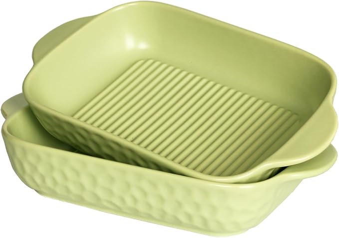 Rectangular Porcelain Baking Dish Set,Au Gratin Dishes,Casserole Dish, Ramekins 21 oz Bakeware Set of 2,Lasagna Pans for Cooking,Cake Dinner,Kitchen, Carry Handles 9.5" x 5.5" (Green