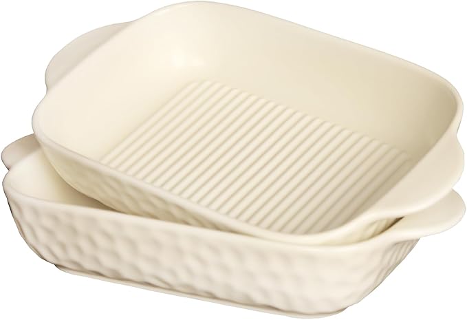 Rectangular Porcelain Baking Dish Set,Au Gratin Dishes,Casserole Dish, Ramekins 21 oz Bakeware Set of 2,Lasagna Pans for Cooking,Cake Dinner,Kitchen, Carry Handles 9.5" x 5.5" (Beige