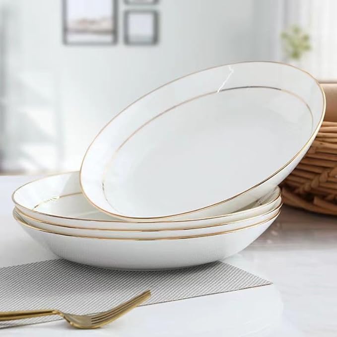 White Ceramic Pasta Bowls Set of 6 Porcelain Dishes Dinner Plates Shallow Soup Bowl 8 Inch Kitchen Dinnerware