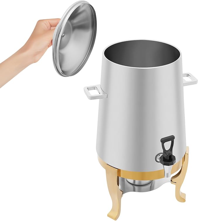 Coffee Urn with Fuel Holder 3.5 Gal/13L, Stainless Steel Beverage Dispenser Hot Drink Dispenser with Stand, Tea Water Coffee Chafer Urn for Parties Buffet Catering Commercial Home (Gold Holder)