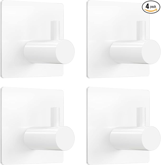 VIS'V Adhesive Towel Hooks, Waterproof Shower Wall Stick on Hooks, 2 Extra Adhesive Strips, White, 4 Pcs