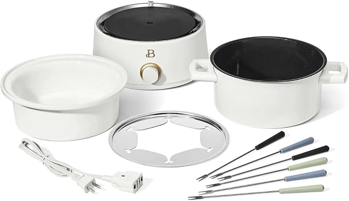 Beautiful 3-Quart Electric Fondue Set, Stainless Steel & Ceramic Insert, Nonstick, Adjustable Temp (White Icing)