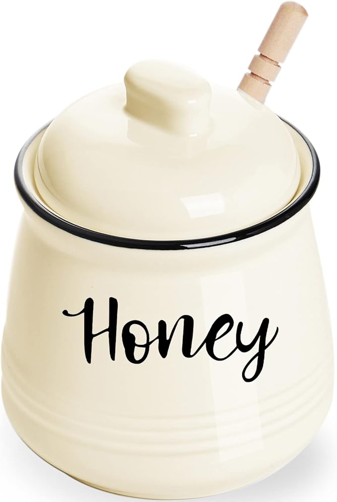 HAOTOP Farmhouse Porcelain Honey Jar with Dipper and Lid Set 12oz,Easy to Clean (Beige)