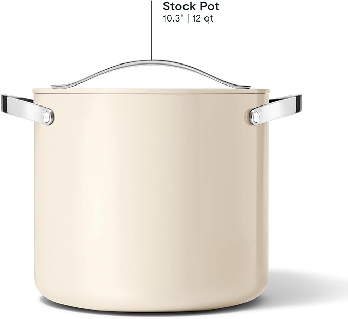 Caraway Stock Pot - 12 Qt Ceramic Coated With Lid - Free From Forever Chemicals - Large for Bigger Batches - Cream