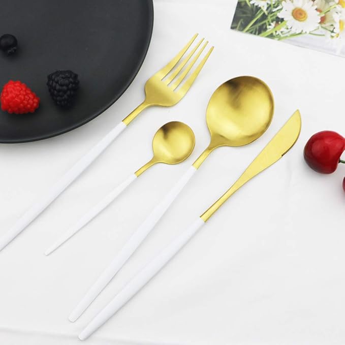 JASHII Silverware Set 36 Piece Food Grade Stainless Steel Flatware Set Fork Spoon Knife Utensils for Daily Use and Party, Service for 6 Anti Rust, Safe in Dishwasher (Matte White handle gold)