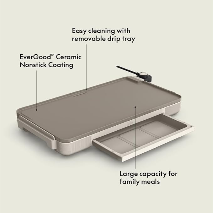bella 12" x 22" Electric Griddle with Warming Tray, EverGood™ Ceramic Nonstick Coating & Removable Temperature Probe, Dishwasher-Safe Drip Tray & Cool Touch Handles, 1500 Watt, Oatmilk