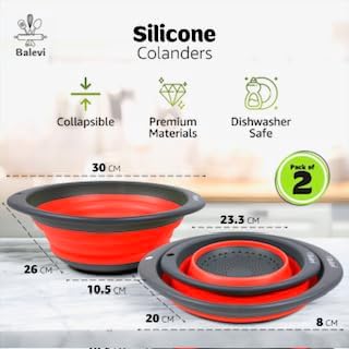 "Balevi Collapsible Strainers for Kitchen - Collapsible Colander Set of 2 Made of Silicone - Collapsible Strainer with Little Pegs to Keep Food Elevated - Red "