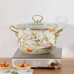 Vintage Enamel Stockpot with Lid,Large Stock Pot Enamel 5.5 Liters Nonstick Saucepan with Glass Lid Flower Enamel on Steel Cooking Pot with Lid, Vintage Thicken Soup Pot with Handles,20CM