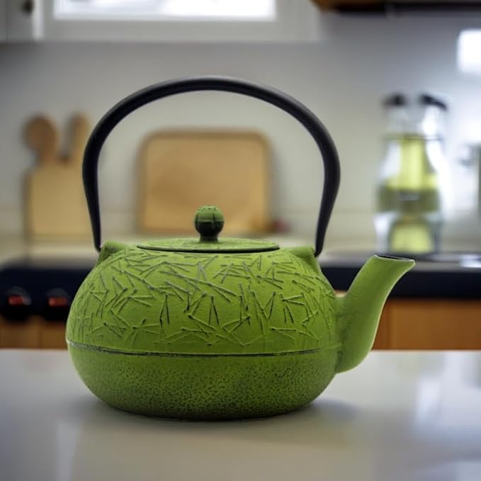 YJX 60.9oz Large Cast Iron Teapot, Big Tea Kettle for Stovetop Safe, Green Cast Iron Kettle Teapot with Stainless Steel Infuser for Loose Tea and Tea Bags(1800ml)