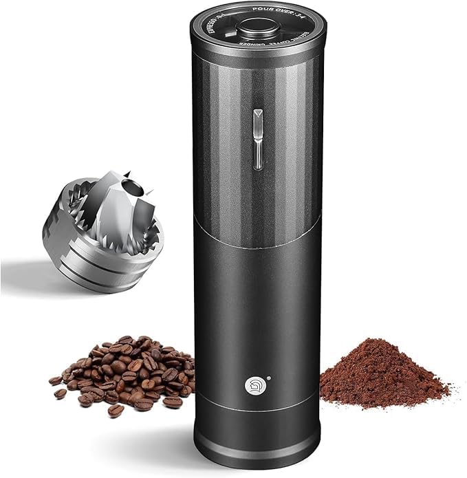 Electric Coffee Grinders, Portable Burr Grinder Capacity 50g w/Magnetic Cover,External Adjustable Setting, Aluminum Alloy Body, 800mAh Battery(Stand not Included) Gray