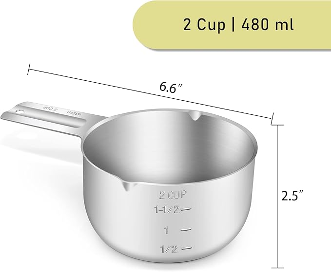 1PCS 2Cup (480ml, 16oz) Single Measuring Cup, Stainless Steel Measure Scoop, Metric and US Measurement, Dishwasher Safe