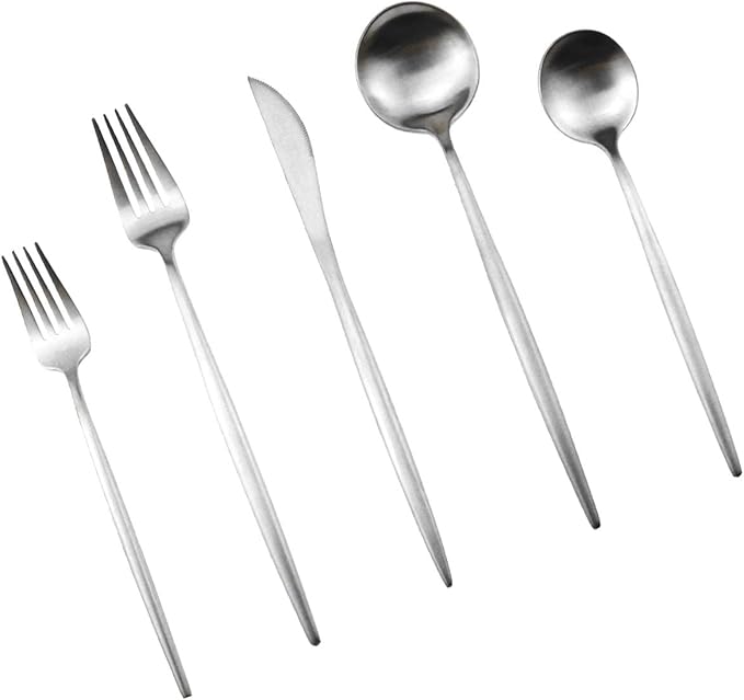 Gugrida Silver Flatware, Royal 20 Piece Luxury Matte Finish 18/10 Stainless Steel Tableware Sets for 4 Including Forks Spoons Knives, Camping Silverware Travel Utensils Set Cutlery (Silver)