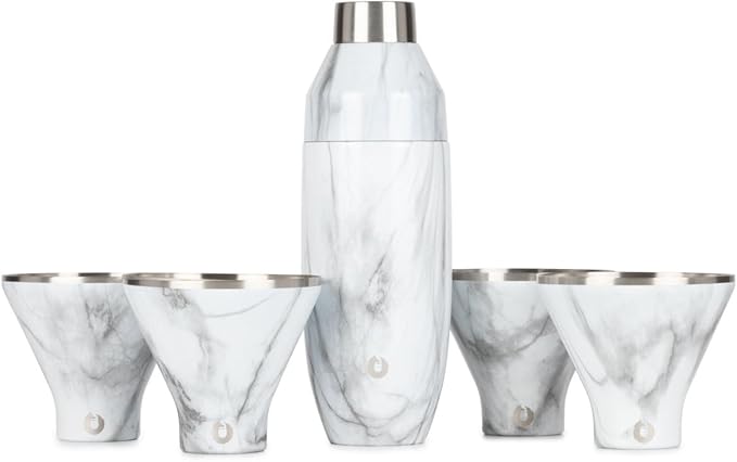 Snowfox Premium Vacuum Insulated Stainless Steel 22oz Cocktail Shaker and 4 Martini Glass Set, Home Bar Accessories, Elegant Drink Mixer, Leak Proof Lid & Built In Strainer, Gift Box, Marble