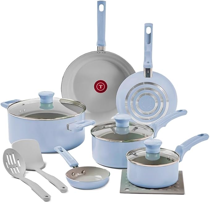 T-Fal Refresh Ceramic Nonstick Cookware Set, 12-Piece Nonstick Cookware, Oven Safe to 350°F, Stockpot, Griddle, Frying Pans, Utensils, Ceramic Pots and Pans Set, Blue