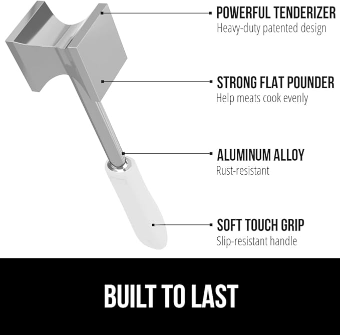 GORILLA GRIP Patented Dual-Sided Meat Tenderizer, Heavy Duty Kitchen Mallet with Soft Handle, Spiked Side Tenderizes and Smooth Flattens, Maximize Food Flavor, Commercial Grade Chicken Pounder, White
