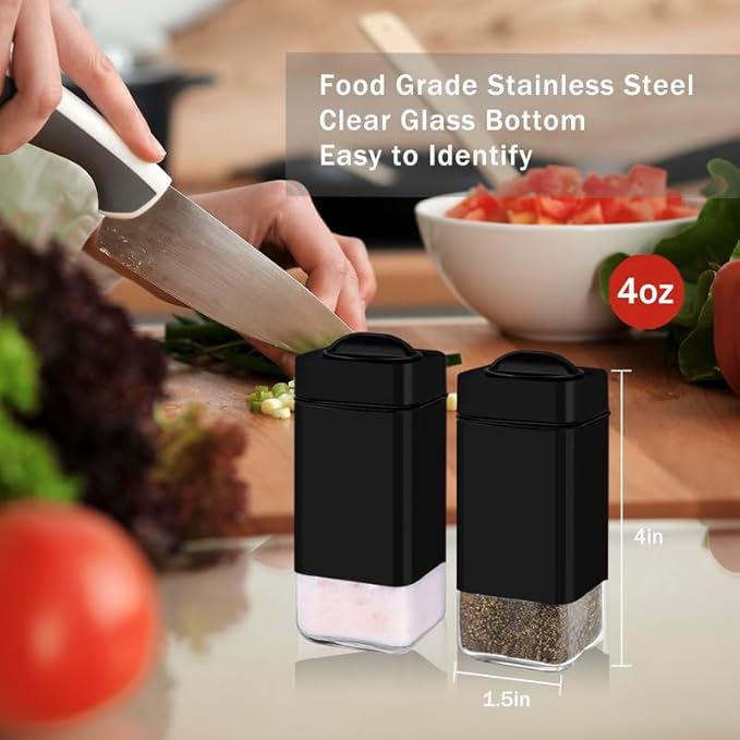 Black Salt and Pepper Shakers by Aelga, Glass Salt Shaker Set with Adjustable Pour Holes, Ideal for Black Pepper, Kosher and Himalayan