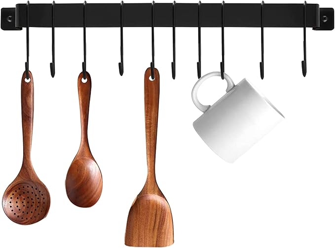 Kitchen Wall Mounted Hanging Utensil Holder Rack, Wrought Iron Rail Rack with 10 S Hooks for Hanging Kitchen Utensils Set & Cookware,16 inch
