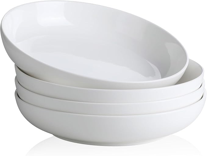 Y YHY Pasta Bowls, 22 Ounces Salad Ceramic Bowl Plate Set of 4, 7.8 Inch Porcelain Pasta Bowls for Serving Dinner and Salad，Wide and Shallow Bowls Set, Microwave and Dishwasher Safe, White