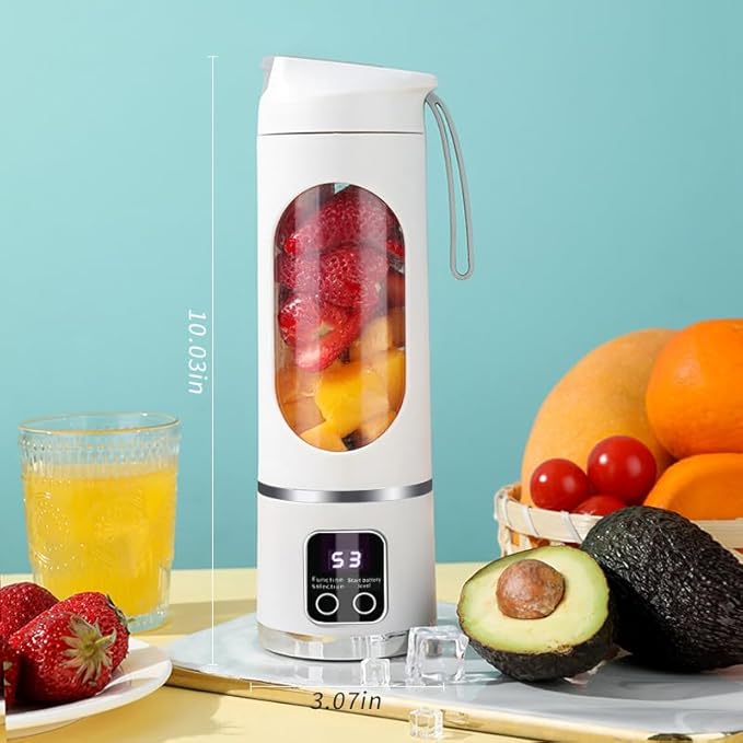Portable blender,USB-C rechargeable,Personal compact travel juicer cup15OZ for Shakes, Smoothies,Fresh juice,Self-cleaning,Leakproof lid, Smart time display,12 blades,with strong blending White