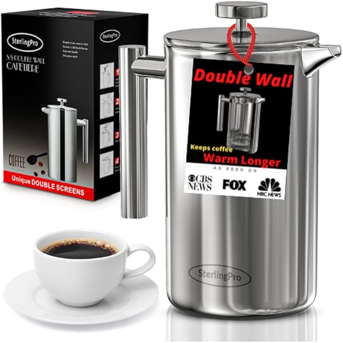 French Press Coffee Maker(1L)-Double Walled Large Coffee Press with 2 Extra Filters -Enjoy Granule-Free Coffee, Stylish Rust Free Kitchen Accessory-Stainless Steel (Mirror Finish, 34oz)