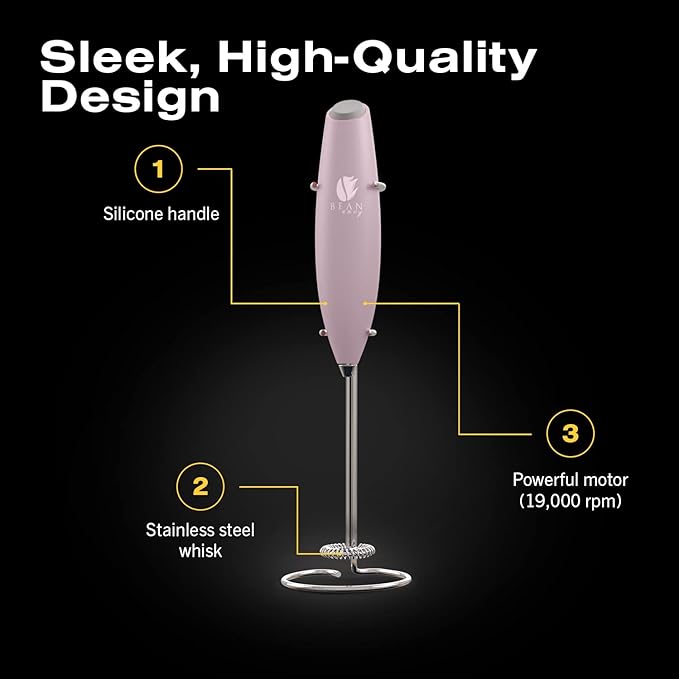 Bean Envy Milk Frother Handheld for Coffee - Electric Hand Blender, Mini Drink Mixer Whisk & Coffee Foamer Wand with Stand for Lattes, Cappuccino, Matcha and Hot Chocolate - Kitchen Gifts - Pink