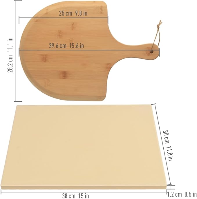 homEdge Pizza Stone Set, Heavy Duty Round Cordierite Baking Stone for Bread, Pizza,Cooking Stone with Bamboo Pizza Peel Paddle for Oven and Grill-15"x12"