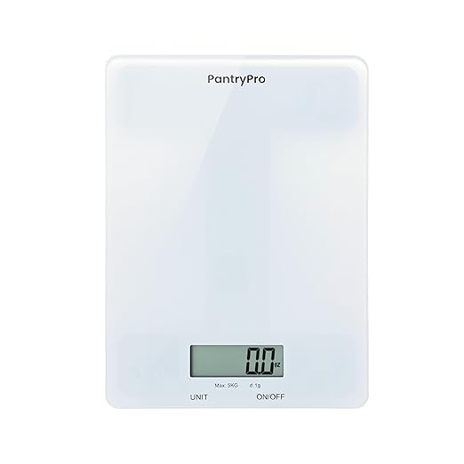 PantryPro Glass Platform Digital Kitchen Scale - 11lbs / 5kg Capacity - LCD Display g kg oz lb fl.oz ml - CR2032 Battery Included - White