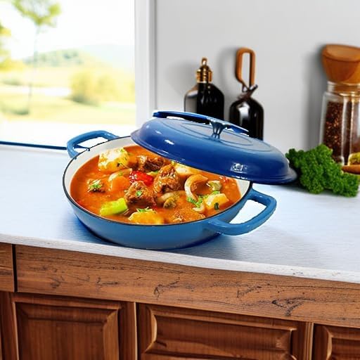 Cast Iron Dutch Oven 3.8 Quart Pot With Lid - Blue Heavy Duty Dual Handles Porcelain Enameled Skillet - Family or Friends Gifts