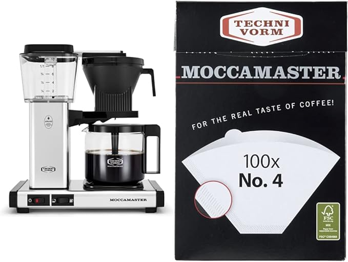 Technivorm Moccamaster 53941 KBGV Select 10-Cup Coffee Maker, Polished Silver, 40 ounce, 1.25l & #4 White Paper Filters, 100-count per box