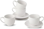 Hasense Ceramic Cappuccino Cups and Saucers - 8 Oz, Large Ribbed Latte Cups Set of 4 for Coffee,Tea,Latte and Macchiato, Demitasse Cups Set Aesthetic Gifty, White