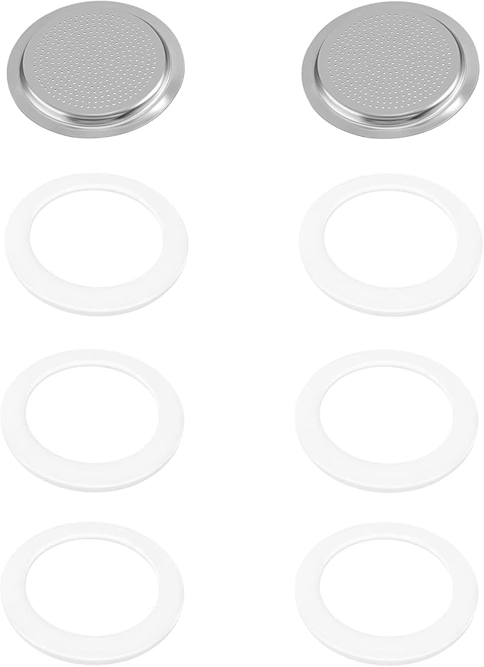 6 Pieces Moka Pot Replacement Cup Gasket with 2 Pcs Stainless Filter Silicone Moka Express Replacement Seals Funnel Kits Compatible Espresso Coffee Maker Parts(3-cup)