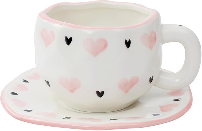 Koythin Ceramic Coffee Mug with Saucer Set, Cute Sweet and Cool Love Cup Unique for Office and Home, 10 oz/300 ml for Latte Tea Milk