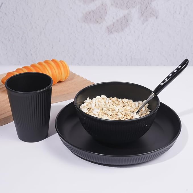 18pcs Wheat Straw Dinnerware Sets HXYPN Unbreakable Dinnerware Set Kitchen Plates and Bowls Set Plastic Plates Reusable Dishwasher and Microwave Safe