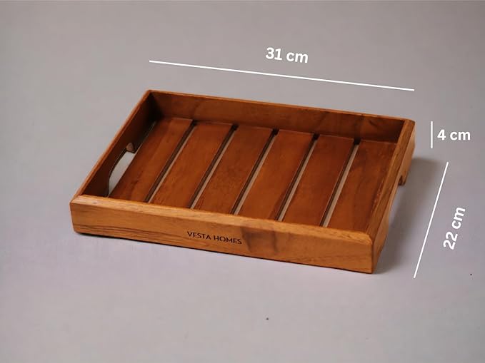 Medium Teak Wood Serving Tray for Home, Kitchen, Breakfast, Restaurant, Office Organizer, Dining Table | Premium Wooden Tray |12 * 8.5 * 1.5 Inches | Handmade in India