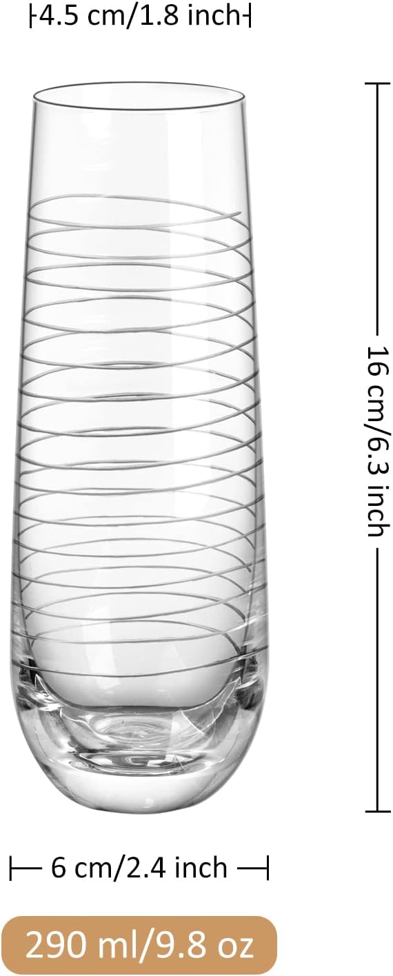Joeyan Etched Champagne Flutes Glasses Cups,Handmade Mouth Blown Aesthetics Glassware Art Decoration,Home Bar Essentials,Gifts for Wedding Anniversary Daily Use,Set of 4,9.8 oz,Dishwasher Safe