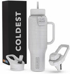 Coldest Tumbler with Handle and Straw - 100% Leak Proof Insulated Tumbler with Lid and Straw (3 Lids) - Stainless Steel Tumblers for Women & Men - Cup Holder Friendly Base, 46 oz (White Croc)